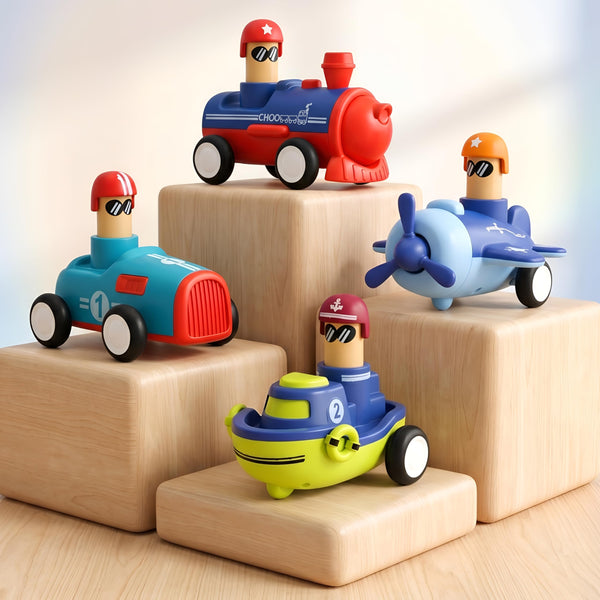 Colorful Push & Go vehicle toy set featuring a train, car, airplane, and boat, each with cheerful characters wearing hats and sunglasses, displayed on wooden blocks.
