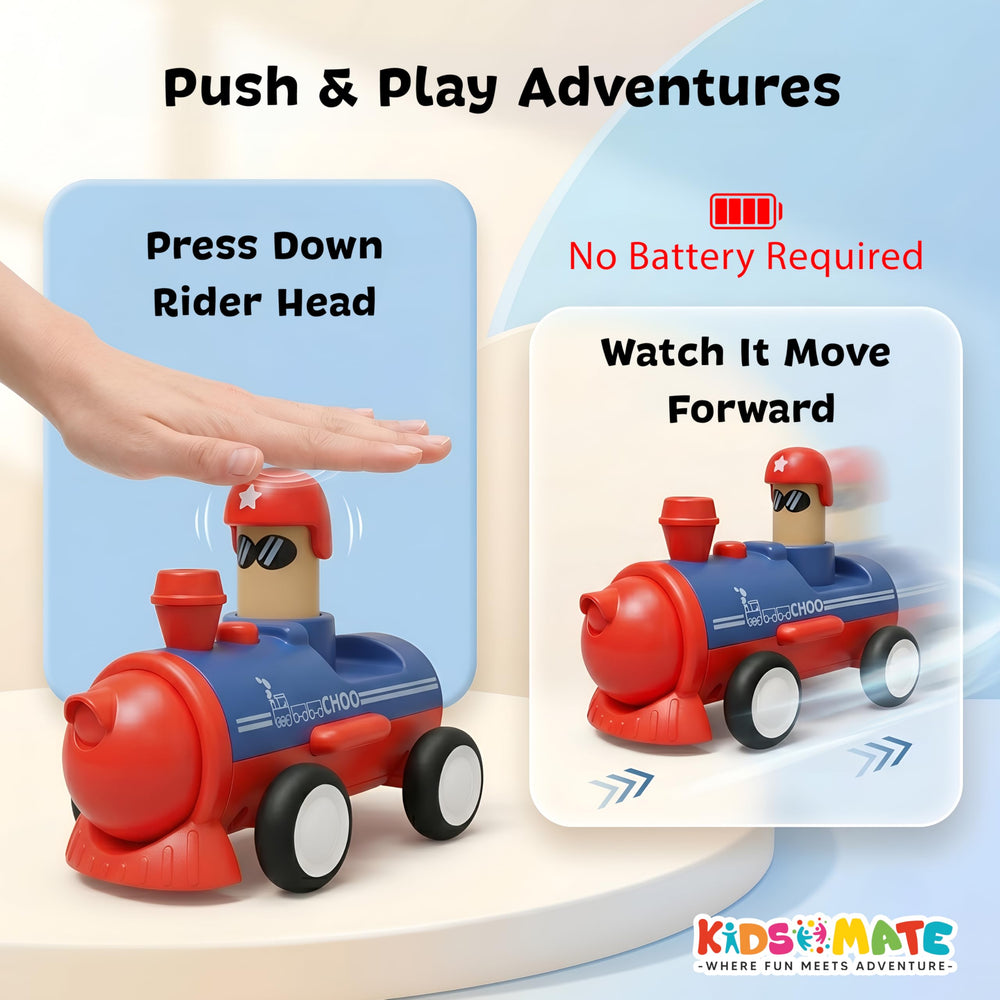 Colorful Push & Go vehicle toy featuring a smiling rider with a red hat. The toy has wheels for movement and a playful design, perfect for imaginative play. Kidsmate branding visible in the corner.