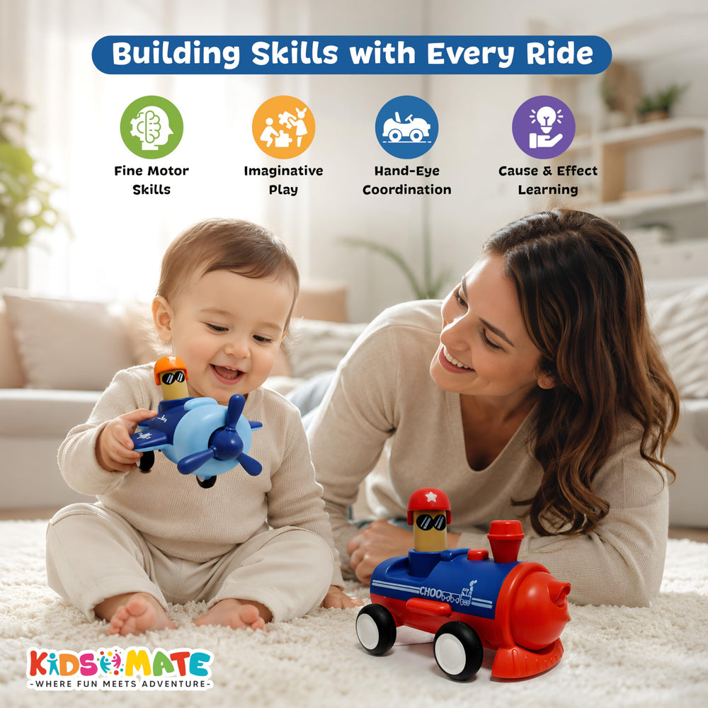 A joyful toddler playing with a colorful push-and-go vehicle toy, while a smiling adult engages with them. The background is bright and cheerful, enhancing the playful atmosphere.