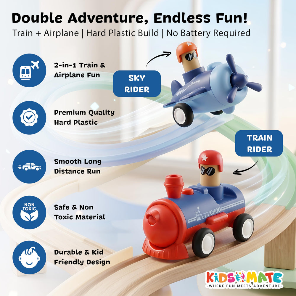 Colorful 2-in-1 train and airplane toy set featuring a red train and blue airplane with smiling characters. The track is curved, showcasing the fun design. Kidsmate logo visible in the corner.