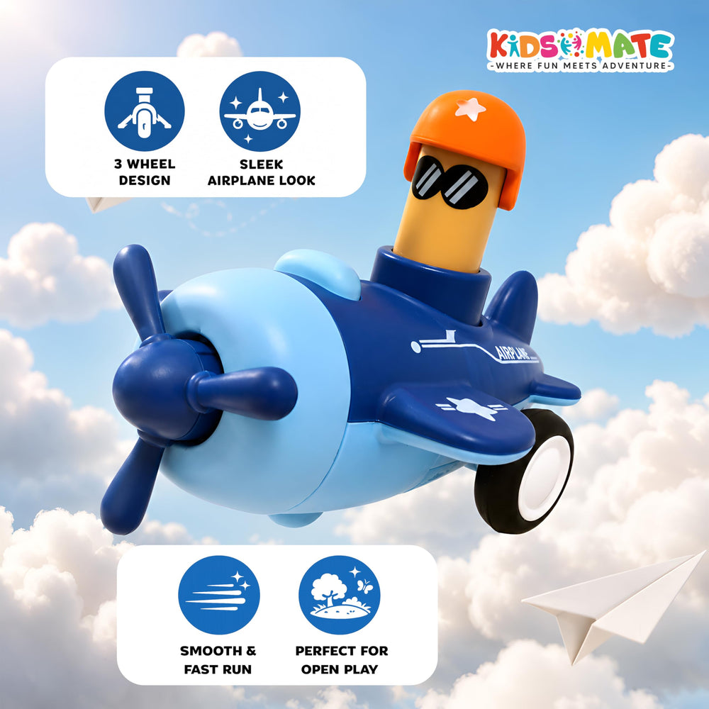 Colorful push and go airplane toy with a smiling pilot figure, featuring a sleek design and three wheels, set against a backdrop of fluffy clouds and a paper airplane.