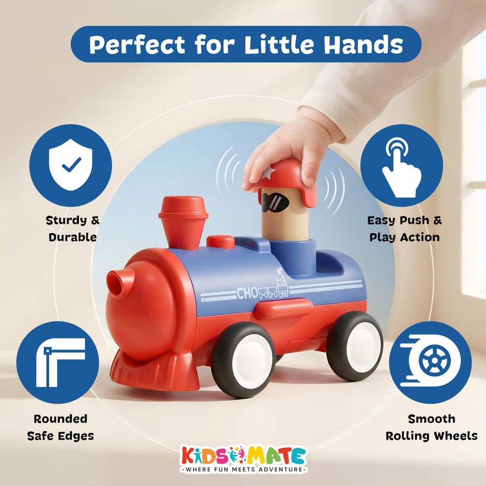 Colorful push and go vehicle toy designed for kids, featuring a red and blue train with a smiling face. The toy has rounded edges and smooth rolling wheels, ideal for little hands.