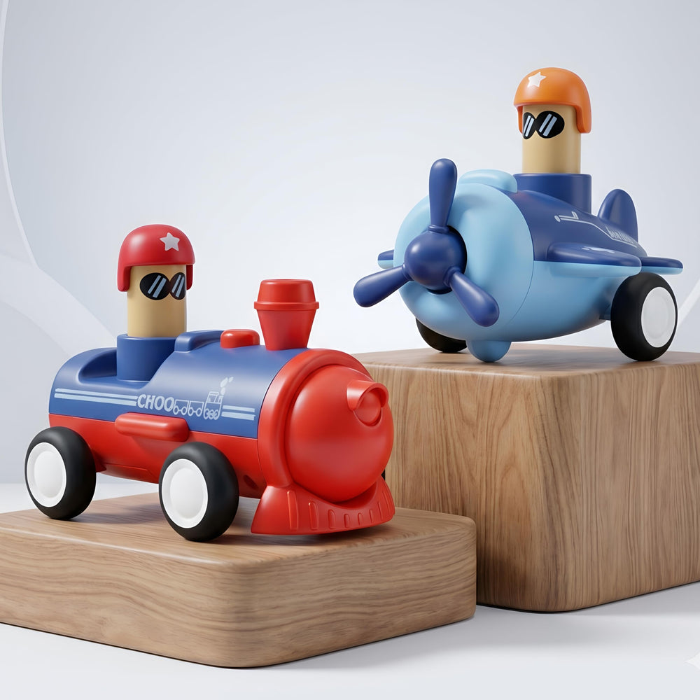 Colorful push and go vehicle toy set featuring a red train and a blue airplane, each with cheerful character figures wearing hats, displayed on wooden pedestals against a soft background.