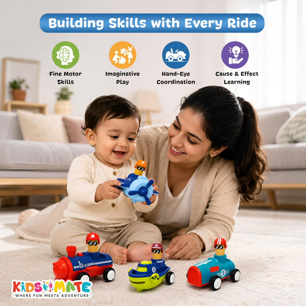 A joyful child and a smiling adult play together with colorful toy vehicles. The set includes a red car and a blue car, promoting fine motor skills and imaginative play. The Kidsmate logo is visible in the corner.