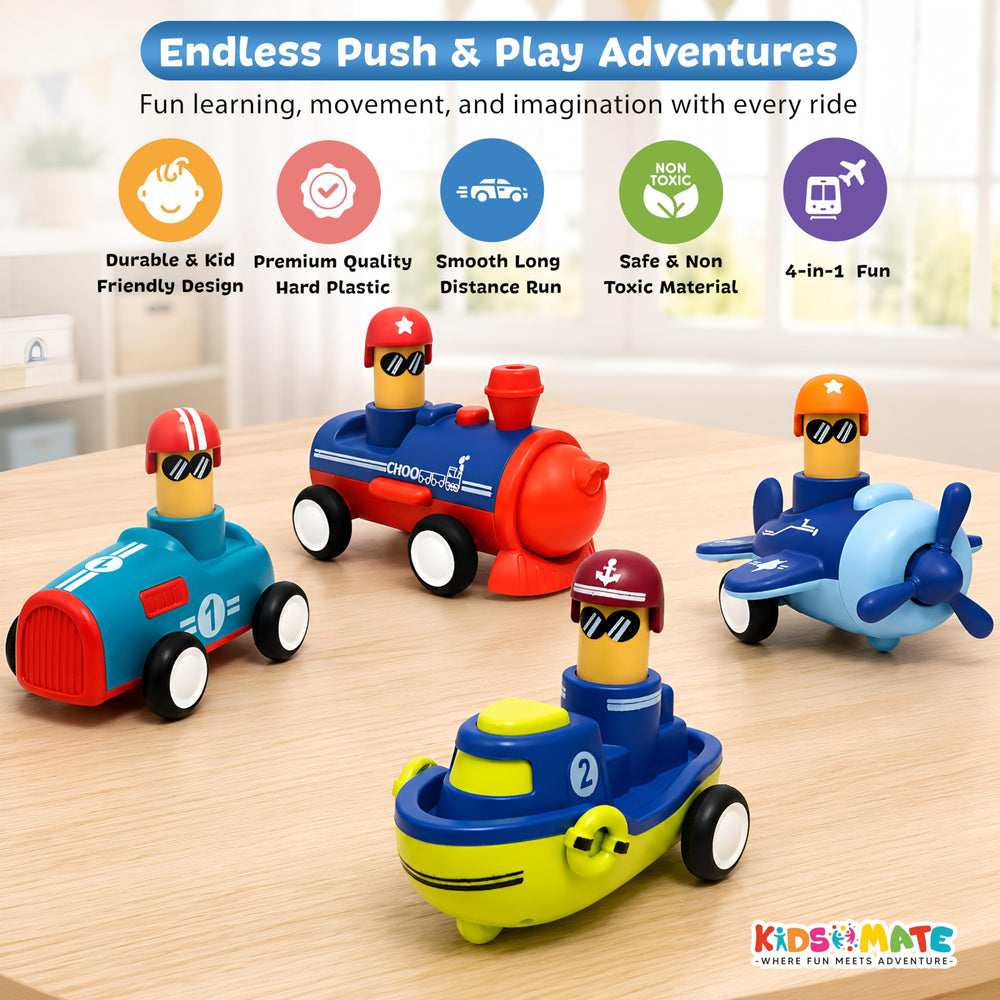 Colorful Push & Go vehicle toy set featuring four different vehicles with cheerful characters. Includes a red car, blue plane, yellow boat, and a red fire truck, all designed for fun and imaginative play.