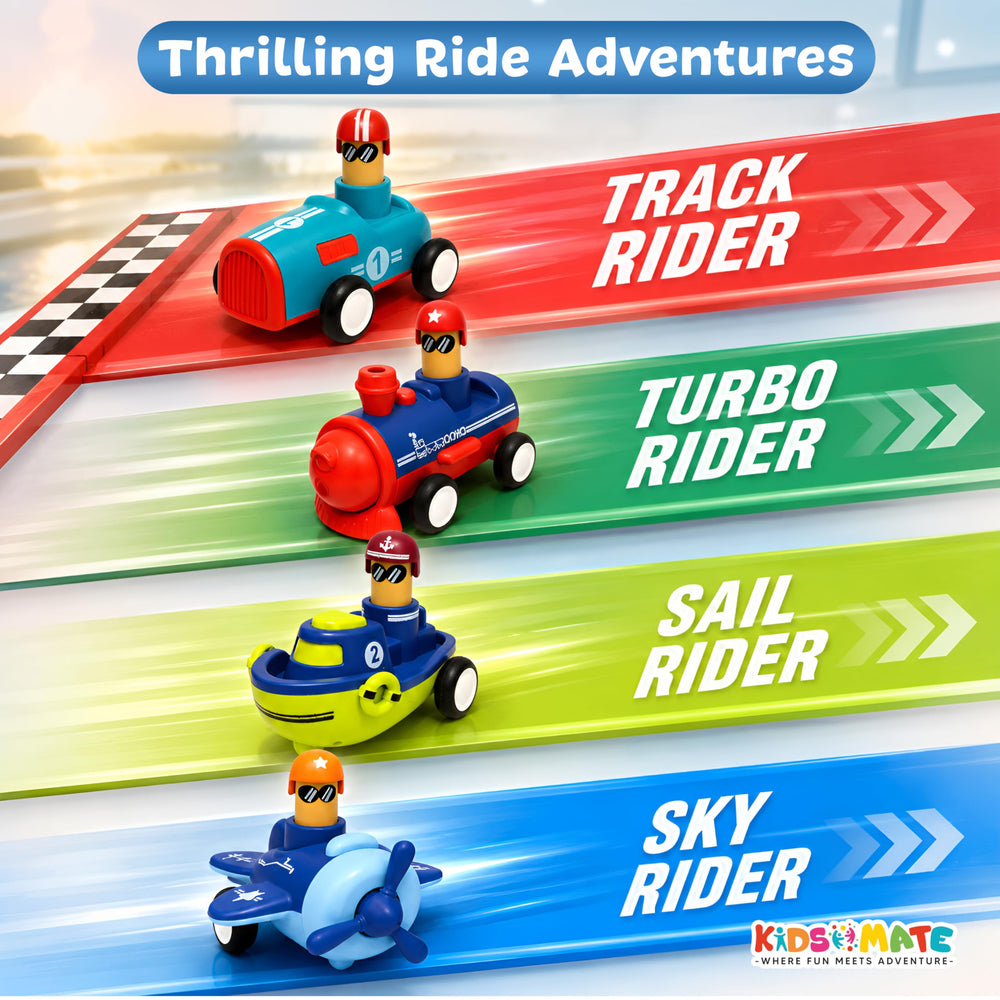 Colorful toy vehicle set featuring four distinct vehicles: a red race car, a blue boat, a green speedboat, and a yellow airplane. Each vehicle has a playful driver and is displayed on vibrant tracks.