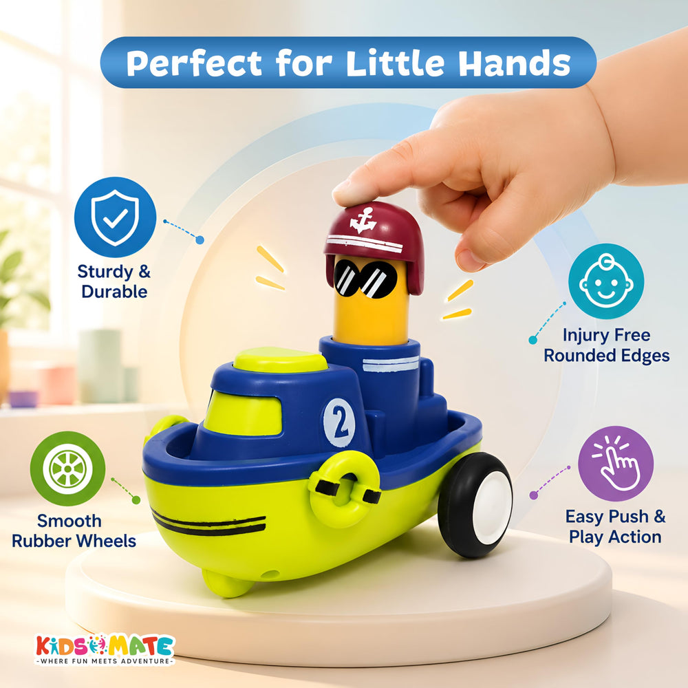 Colorful push and go vehicle toy featuring a smiling pirate figure, designed for small hands. The toy has smooth rubber wheels and rounded edges for safety, displayed on a white pedestal.