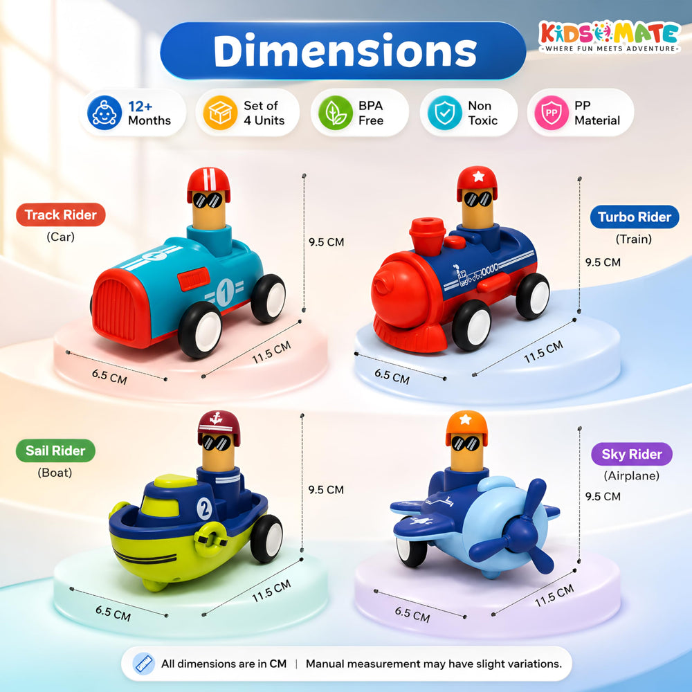 Colorful Push & Go vehicle toy set featuring four playful designs: a track rider, turbo rider, boat, and sky rider, each with a cheerful character. Dimensions are displayed for each toy.