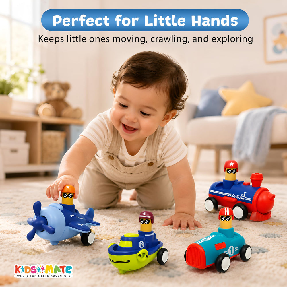 A joyful child plays with colorful push and go vehicle toys, including a blue airplane, green submarine, and red car. The child is smiling and wearing a light outfit, surrounded by a bright, cheerful environment.