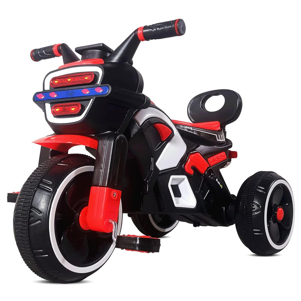 A vibrant red and black tricycle designed for kids, featuring a sporty bike shape, large wheels, and a comfortable seat. The front has lights and a sleek design, perfect for adventurous play.