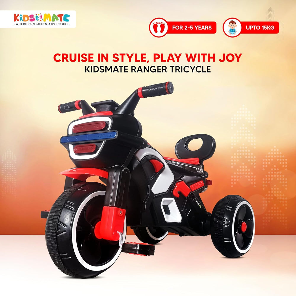 A vibrant Kidsmate Ranger tricycle featuring a sleek design with a black and red color scheme, large wheels, and a comfortable seat, perfect for young children aged 2-5 years.