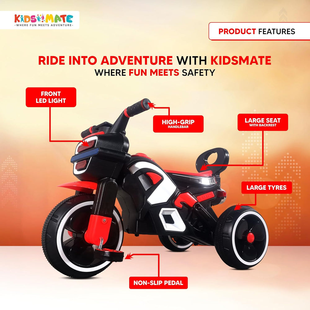 A vibrant tricycle designed for kids, featuring a sleek black and red design. It has a front LED light, a high handlebar, and large wheels. The tricycle is displayed against a bright background with product features