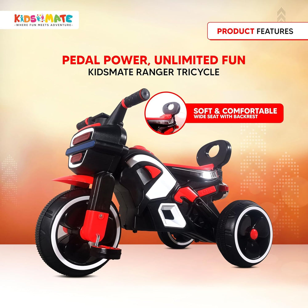 Colorful Kidsmate Ranger tricycle featuring a sleek design with a comfortable wide seat and backrest, ideal for young riders. The tricycle has bold red and black accents, designed for fun and stability.