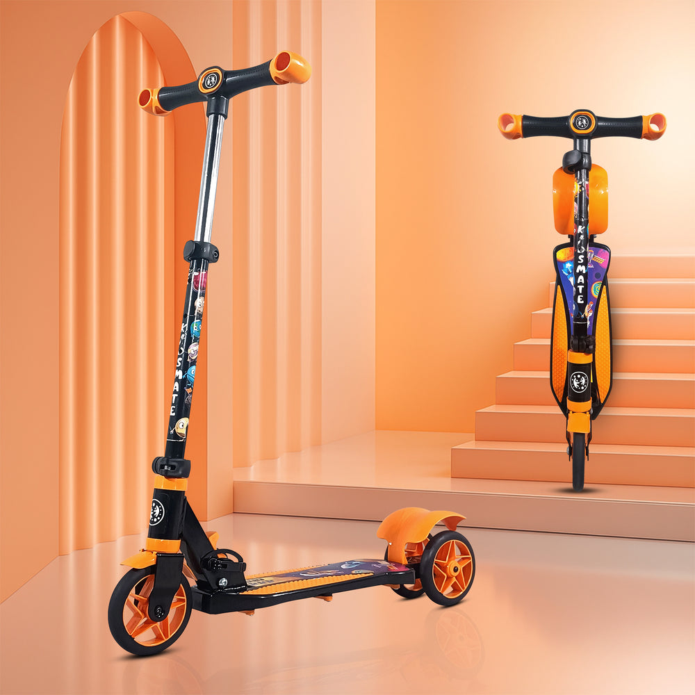 A vibrant orange and black kick scooter designed for kids, featuring a sturdy frame, comfortable grips, and smooth wheels, set against a playful, colorful background.