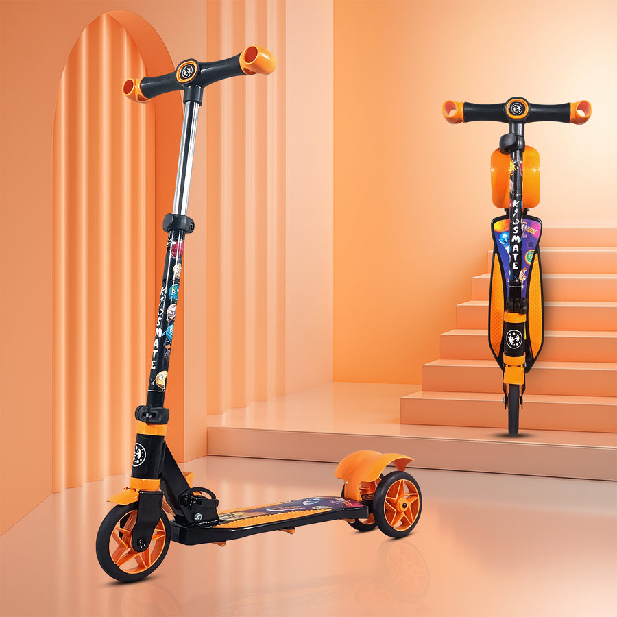 A vibrant orange and black kick scooter designed for kids, featuring a sturdy frame, comfortable grips, and smooth wheels, set against a playful, colorful background.