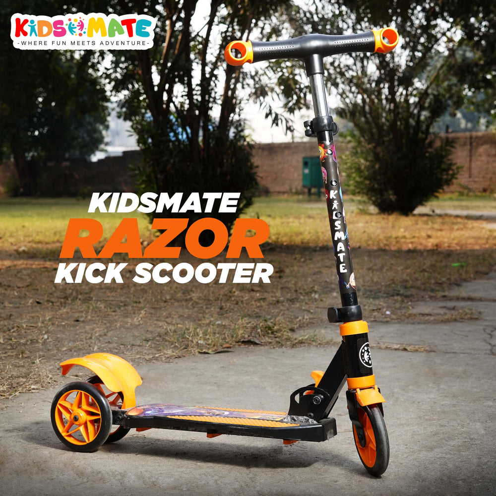 A vibrant Kidsmate Razor Kick Scooter featuring a sleek design with a black and orange color scheme, set against a sunny outdoor backdrop with greenery.