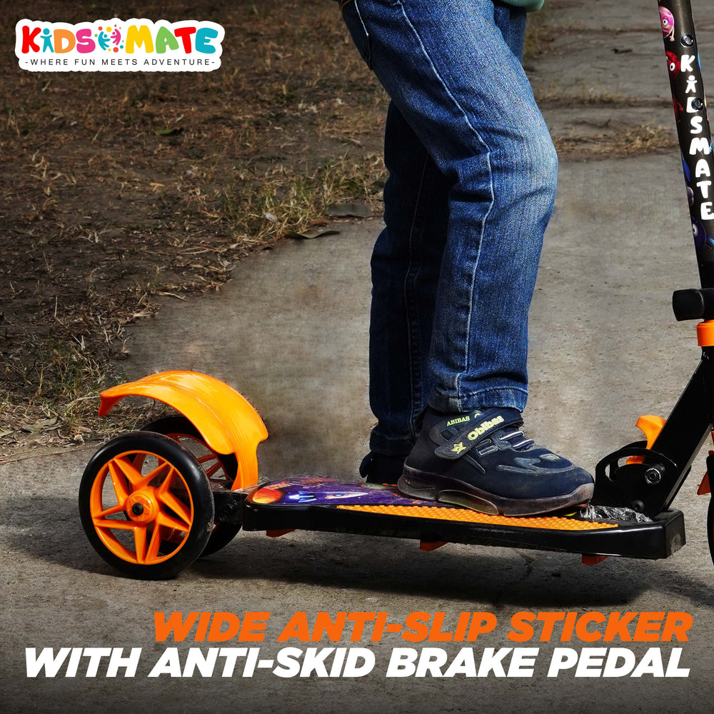 A vibrant Kidsmate Razor Kick Scooter features a wide anti-slip sticker and an anti-skid brake pedal. The scooter is shown with bright orange wheels and a sturdy design, perfect for kids.