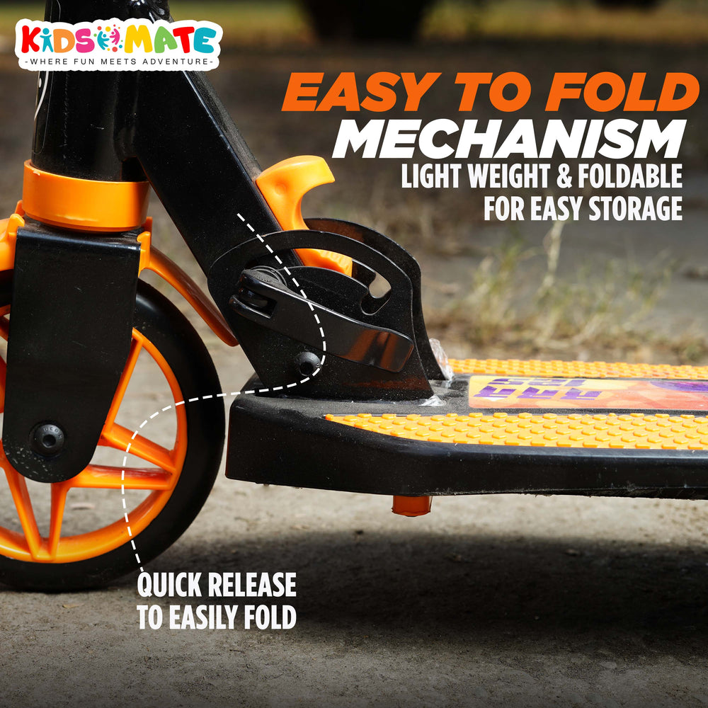 A close-up view of a Kidsmate kick scooter showcasing its easy fold mechanism. The scooter features a vibrant design with a lightweight frame and a quick-release button for convenient storage.