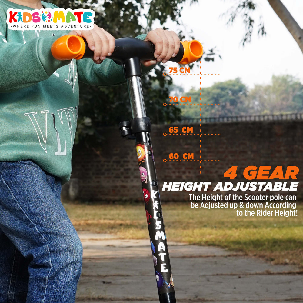 A child riding a colorful kick scooter with adjustable height features. The scooter has a vibrant design and is set against an outdoor backdrop, showcasing its playful and fun nature.