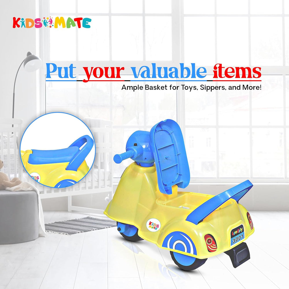 Bright yellow Kidsmate Rhino push scooter with blue accents, featuring a comfortable seat and a spacious basket for toys. Set against a light-filled room with a soft rug.