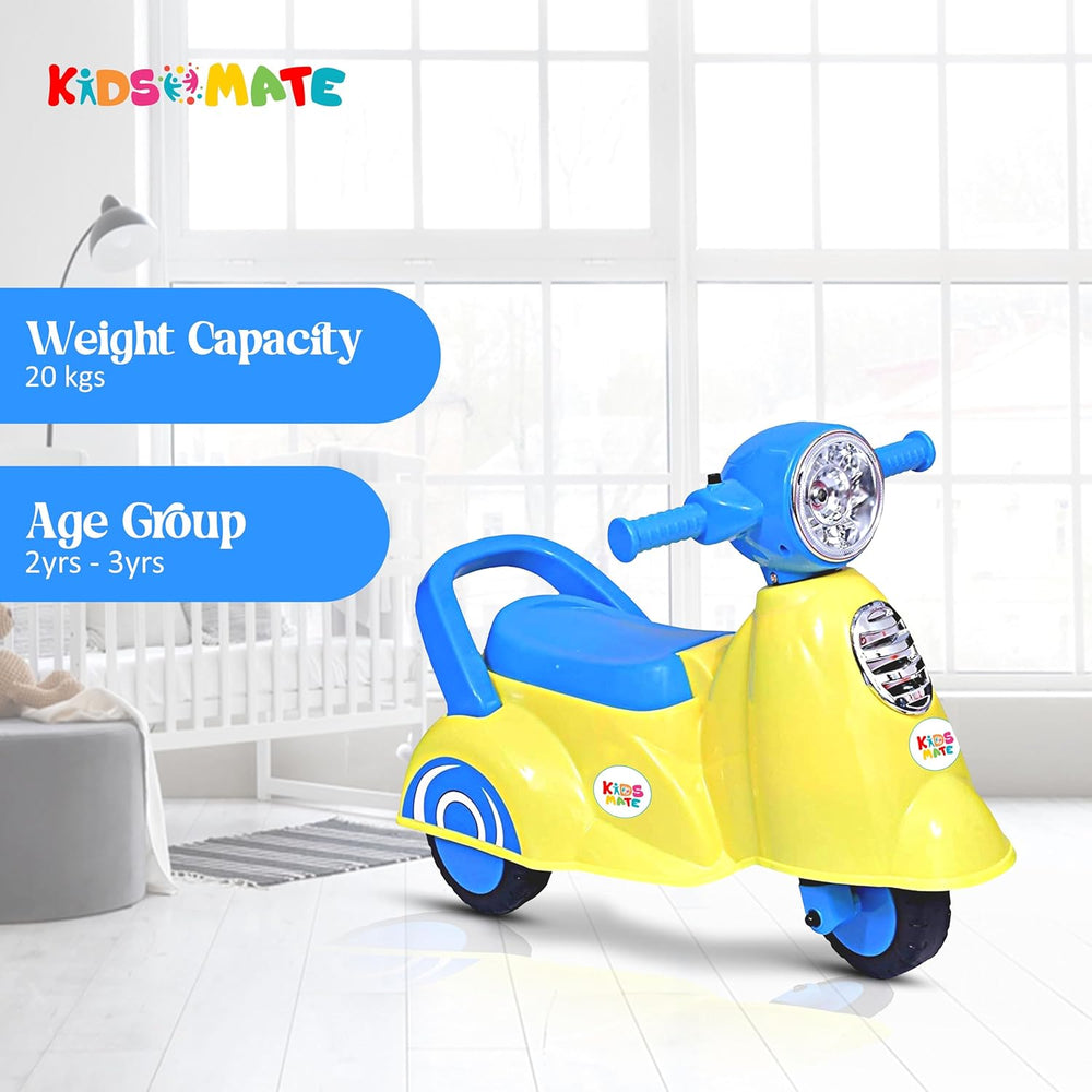 Bright yellow and blue Kidsmate Rhino Push Scooter designed for young children, featuring a comfortable seat, handlebars, and a playful design, set against a cozy indoor backdrop.