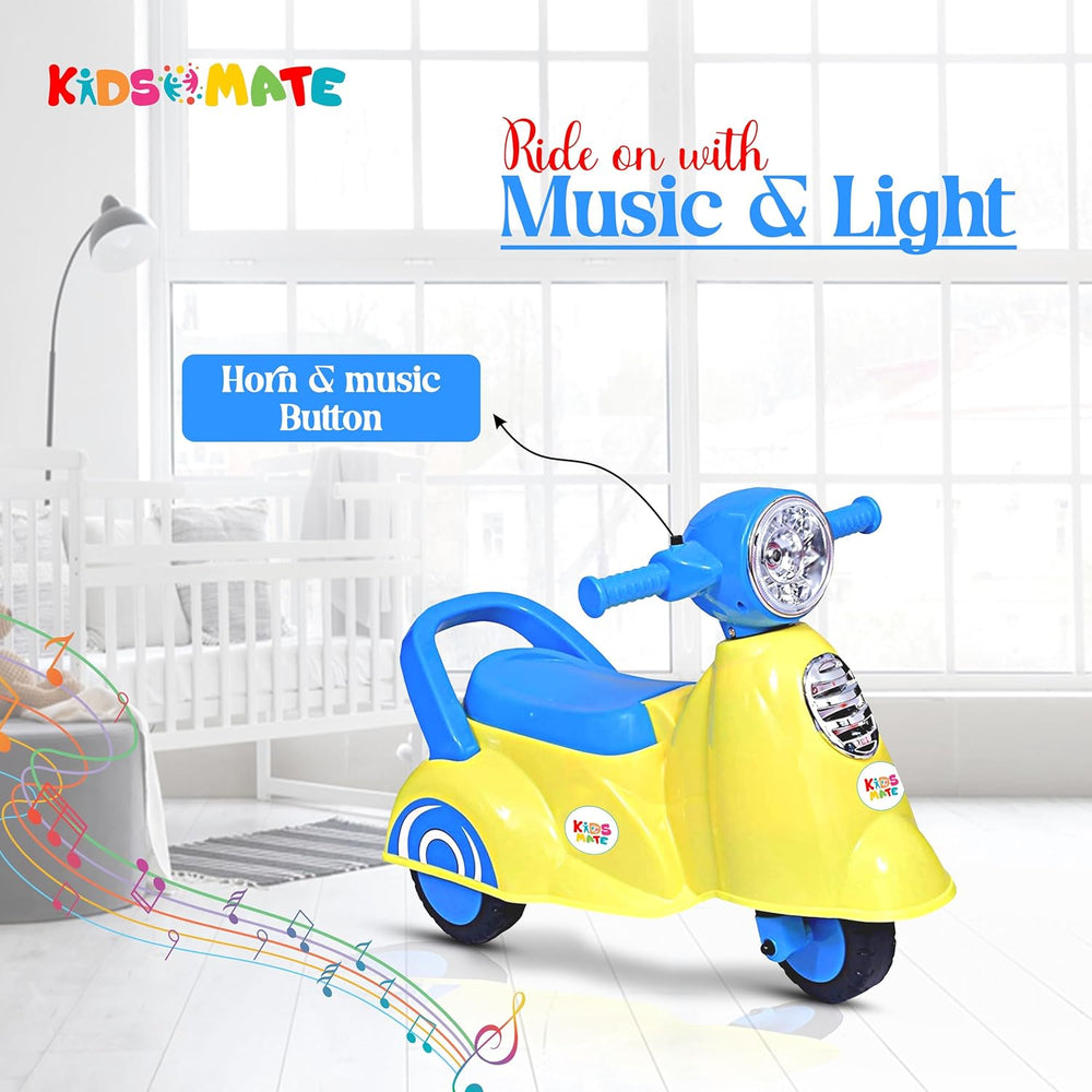 Bright yellow Kidsmate Rhino Push Scooter with a blue handlebar and a front light. Features a horn and music button, set against a playful room backdrop with a crib.