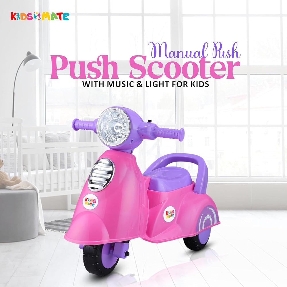 A vibrant pink push scooter designed for kids, featuring a front headlight and a comfortable seat. The scooter has playful graphics and is set against a bright, cheerful background.