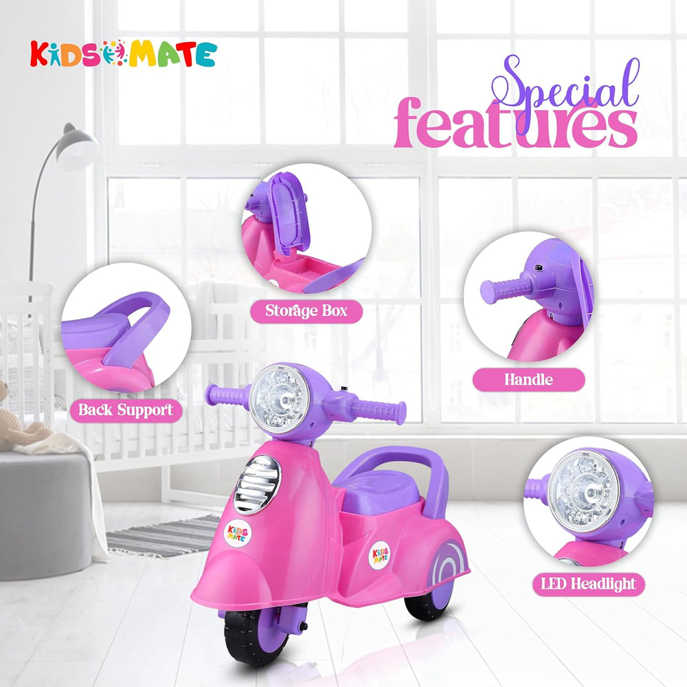 A colorful Kidsmate Rhino Push Scooter featuring a pink and purple design. Highlights include a storage box, back support, handle, and LED headlight, set in a bright, airy room.