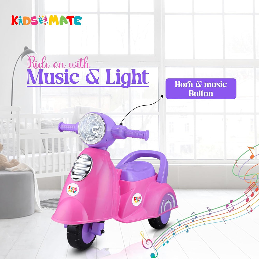 A vibrant pink push scooter designed for kids, featuring a front light and horn button. The scooter is set in a bright, playful room with soft furnishings, inviting fun and adventure.