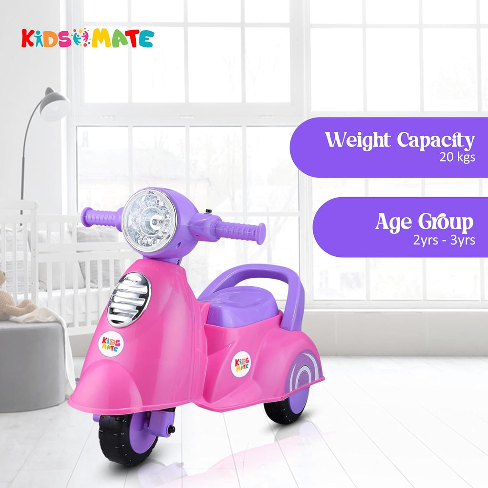 A vibrant pink Rhino push scooter designed for young children, featuring a playful headlight and comfortable seat. The Kidsmate logo is visible, emphasizing fun and safety for ages 2 to 3 years.