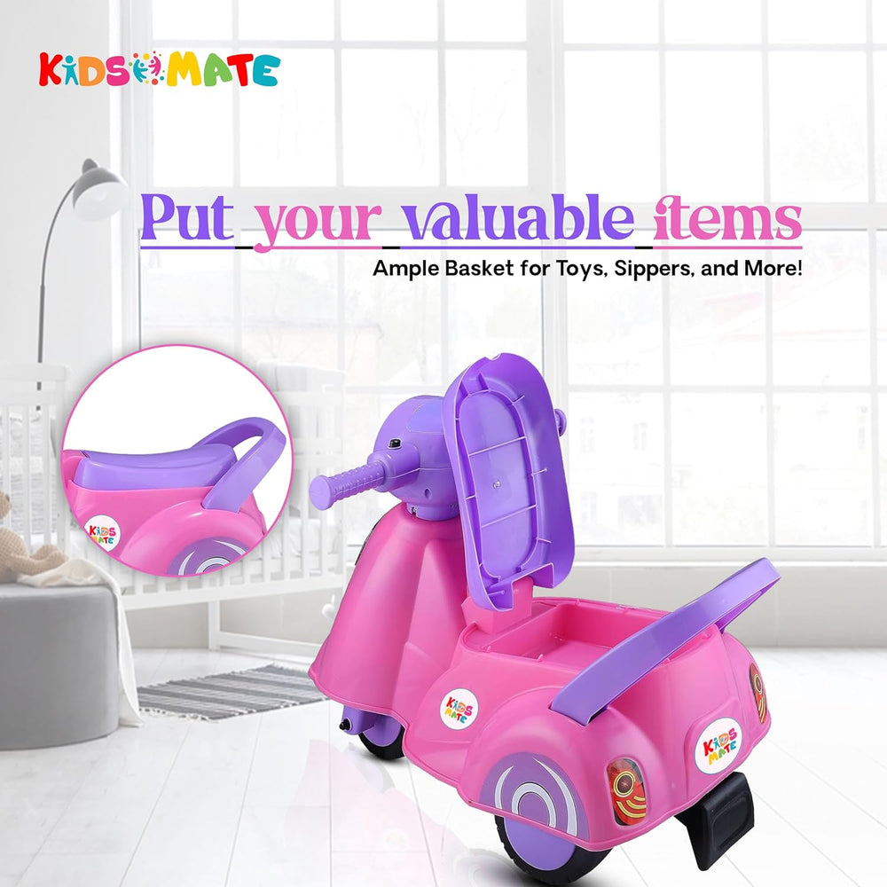A vibrant pink Rhino push scooter designed for kids, featuring a playful rhino design and an ample basket at the back for toys and sippers. The Kidsmate logo is visible on the scooter.