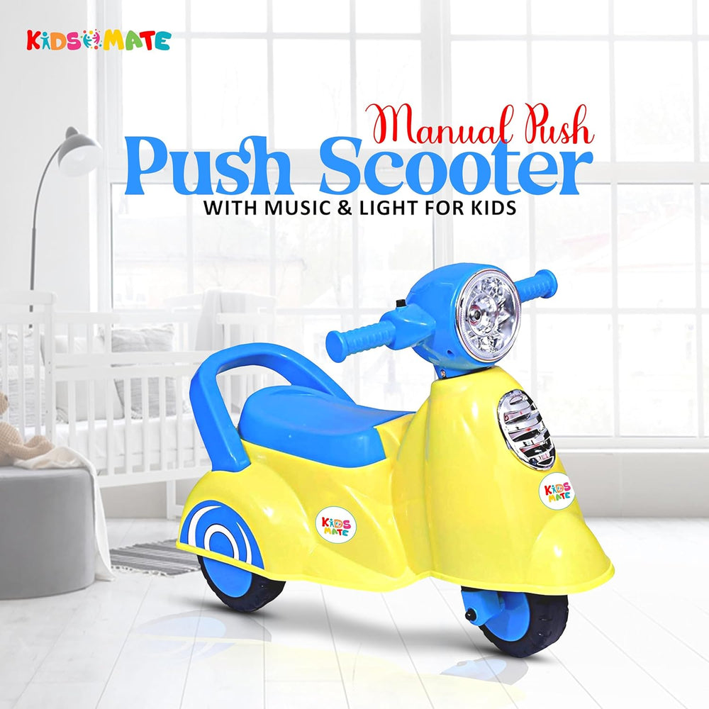 Bright yellow and blue manual push scooter designed for kids, featuring a playful design with a front light and music button, perfect for outdoor fun.