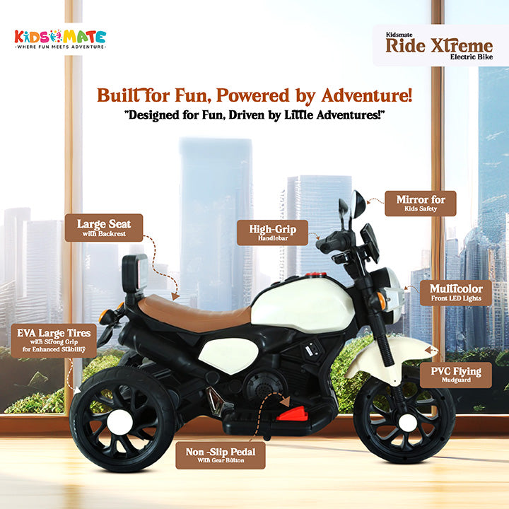 A colorful electric bike for kids featuring a large seat, high-grip handlebars, and large tires. The bike is displayed against a bright background with playful design elements, showcasing its adventurous spirit.
