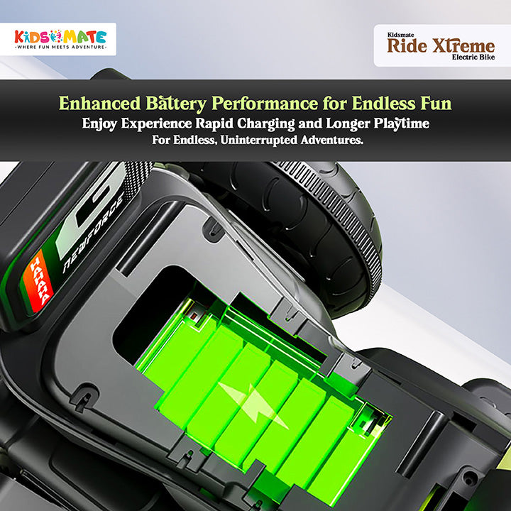 Close-up of the Kidsmate Ride Xtreme Electric Bike showcasing its enhanced battery compartment, highlighting features for rapid charging and longer playtime for kids.