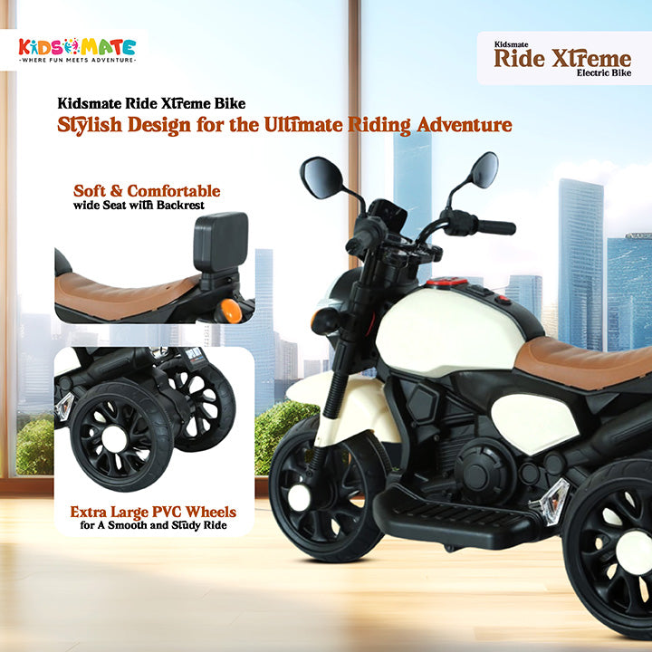 A stylish electric bike designed for kids, featuring a comfortable seat, sturdy wheels, and a sleek body. The bike is showcased in a bright environment, emphasizing its fun and adventurous appeal.