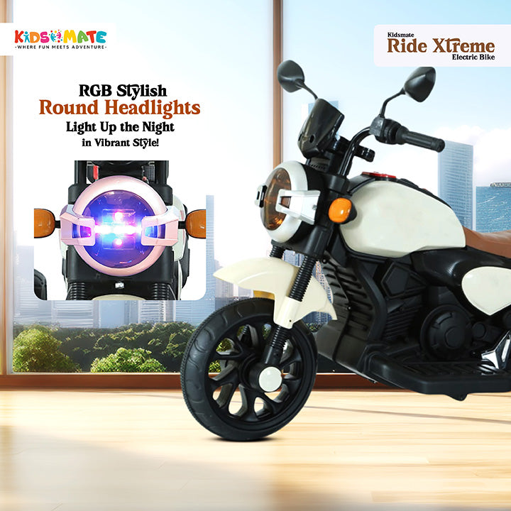 A vibrant electric bike for kids featuring a sleek design, colorful RGB headlights, and a comfortable seat. The bike is showcased in a bright, playful environment with large windows.