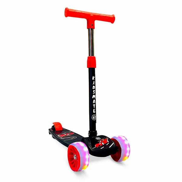 A vibrant red and black kick scooter for kids featuring a sturdy T-bar handle, colorful LED wheels, and a wide foot deck. The Kidsmate logo is visible on the scooter.