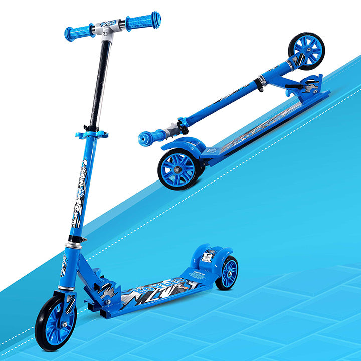 A vibrant blue kick scooter designed for kids, featuring a sturdy frame, comfortable grips, and smooth wheels. The scooter is displayed in a dynamic angle, showcasing its sleek design and foldable feature.