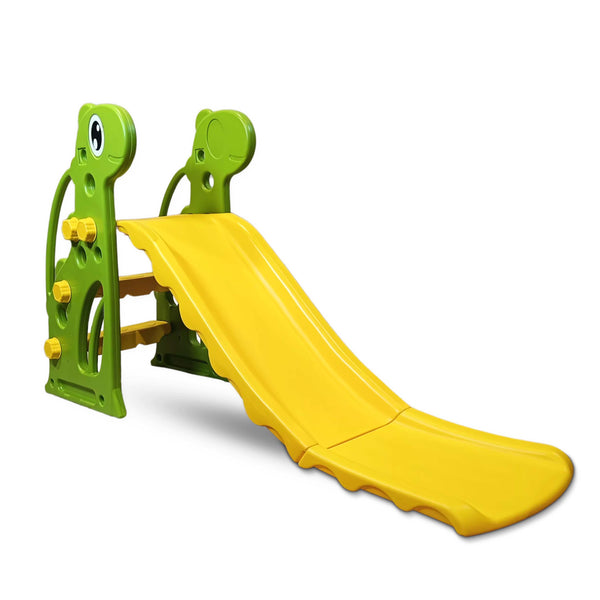 Bright green and yellow slide designed for kids, featuring a smooth sliding surface and playful animal-themed details on the sides, perfect for outdoor fun.