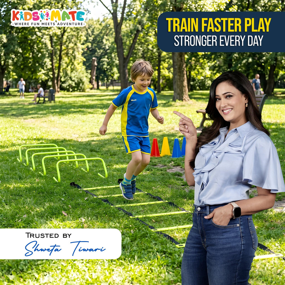 A young boy in a blue and yellow athletic outfit practices agility on a training ladder, while a woman in a casual outfit smiles nearby. Colorful cones are set up on the grass, creating a fun training environment.