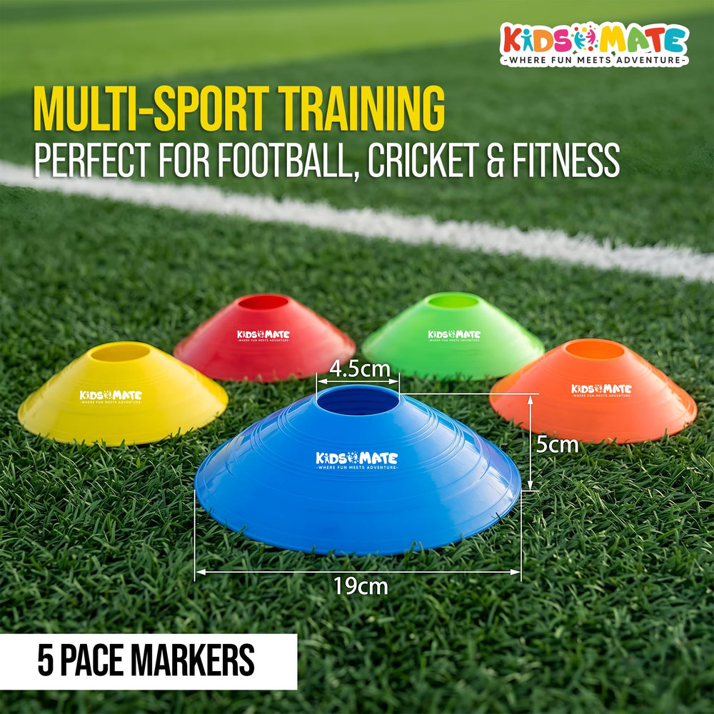 Five colorful pace markers in yellow, blue, green, and red, arranged on a grassy surface. The markers feature the Kidsmate logo, promoting multi-sport training for activities like football and cricket.