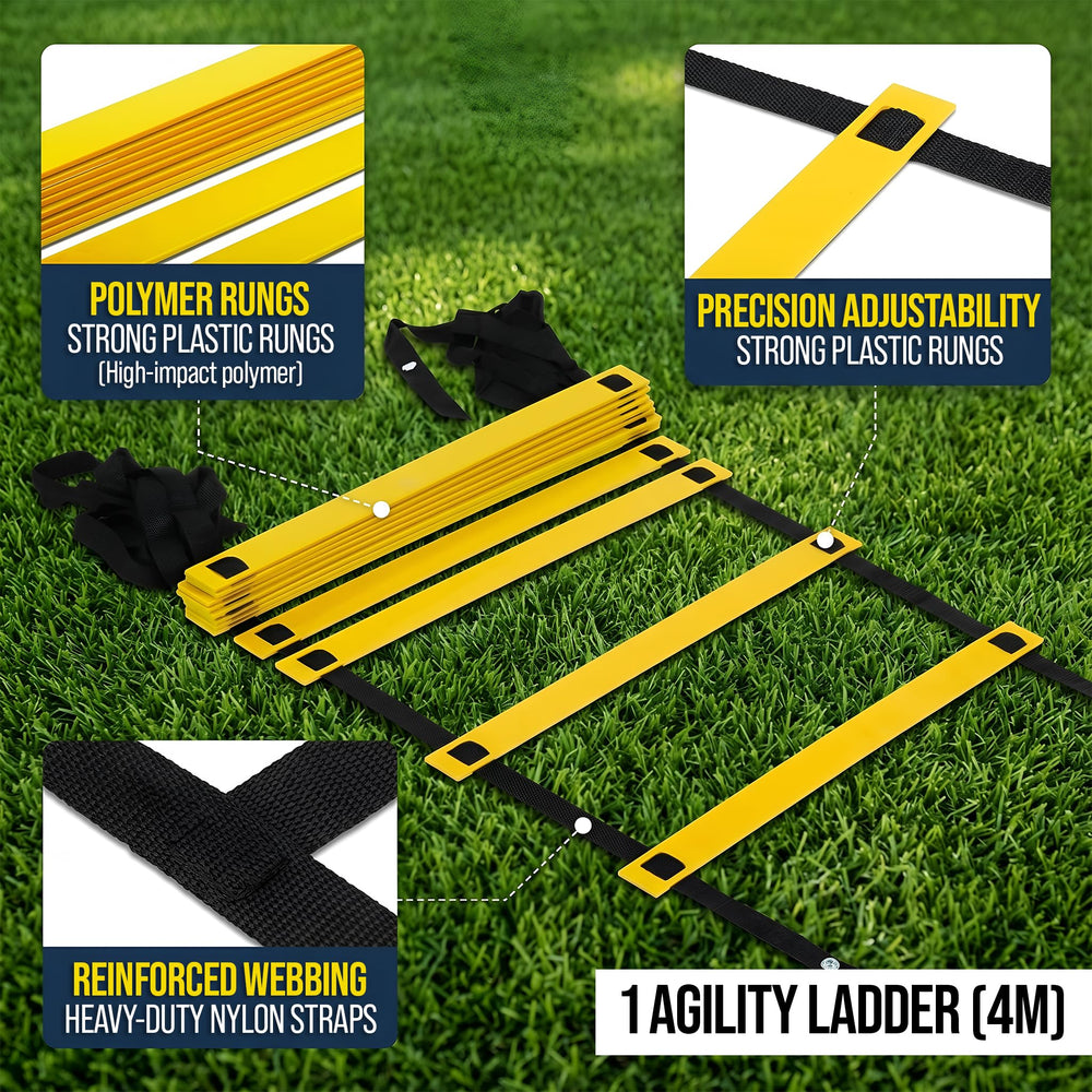 Bright yellow agility ladder with reinforced webbing and heavy-duty nylon straps, designed for speed and agility training. Features adjustable rungs for customizable workouts.