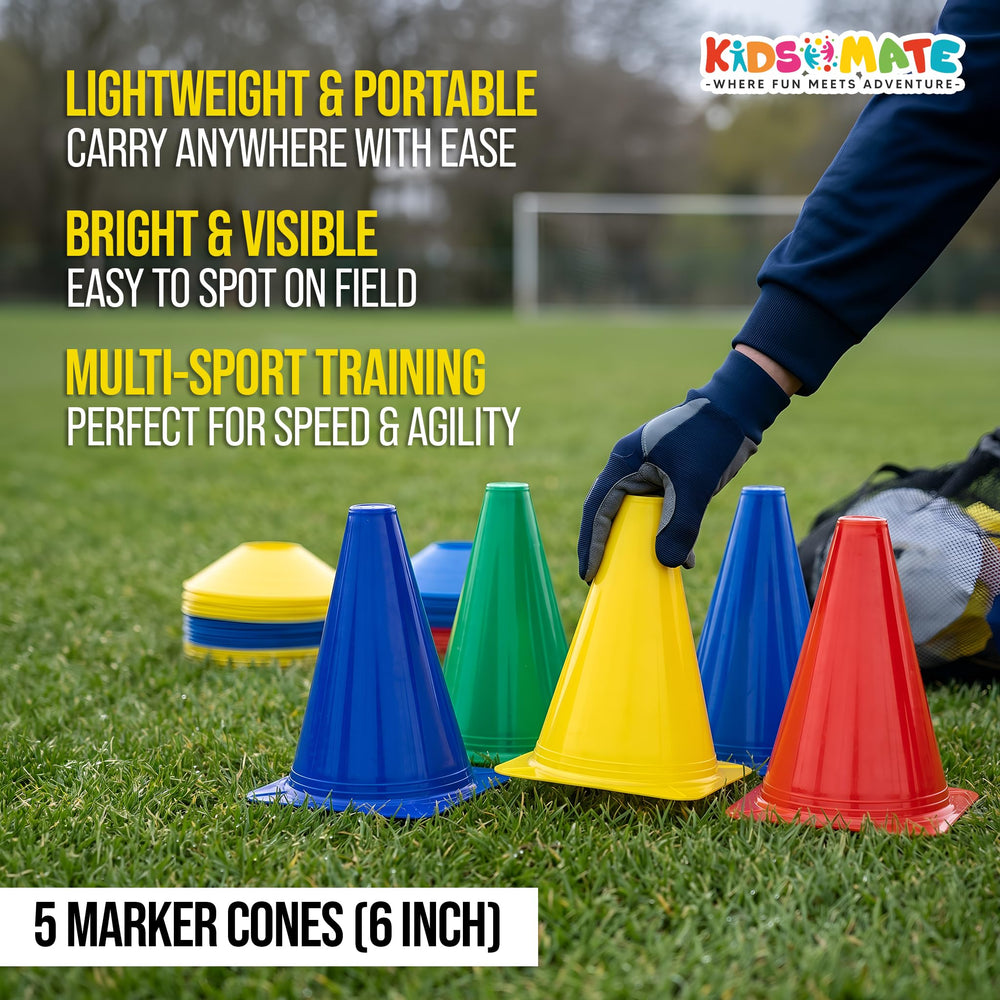 A vibrant set of five marker cones in blue, yellow, and red, each measuring 6 inches. The cones are arranged on a grassy field, showcasing their bright colors for visibility during training.