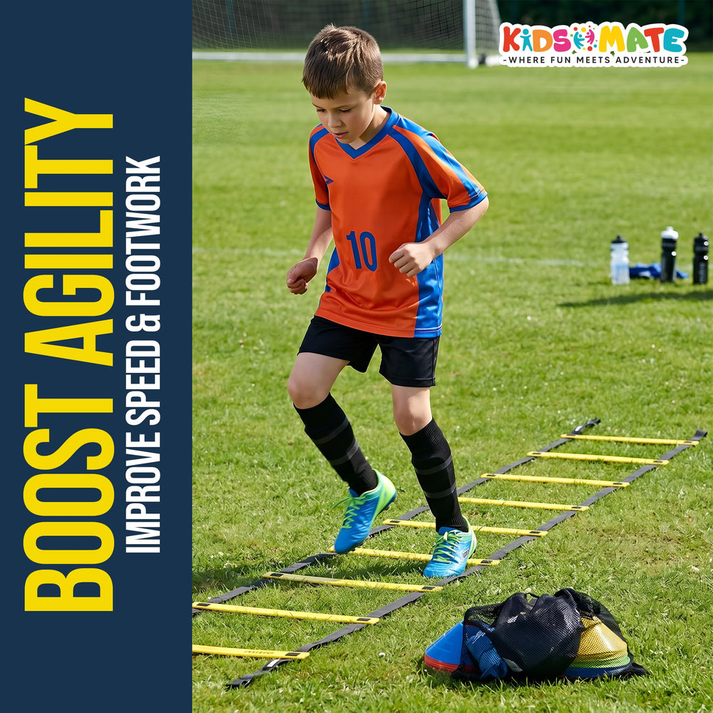 A young boy in a bright orange sports shirt practices agility drills on a yellow training ladder. Colorful cones are nearby, and water bottles are visible in the background, suggesting an active outdoor setting.
