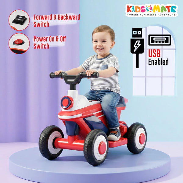 A cheerful child riding a red and white electric bike with a playful design. The bike features a forward and backward switch, a power on/off switch, and USB connectivity. The background is a soft pastel color, enhancing