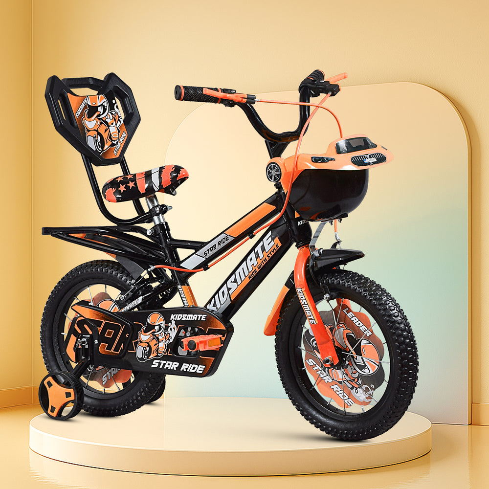 A vibrant neon orange kids bicycle featuring training wheels, decorated with fun graphics. The bike has a comfortable seat and a playful design, perfect for young riders.