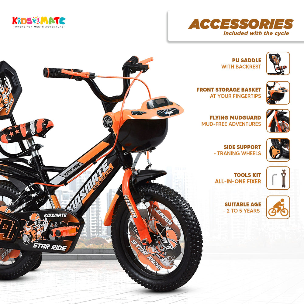 Vibrant orange Kidsmate Star Ride kids bicycle featuring training wheels, a stylish design with a star motif, and various accessories for fun adventures. Ideal for children aged 2 to 5.