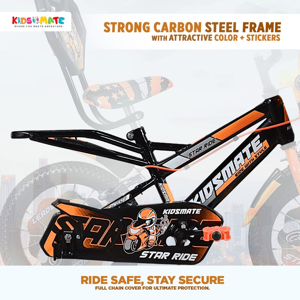 A vibrant kids bicycle featuring a strong carbon steel frame in orange and black, adorned with fun stickers. The bike includes training wheels for added stability and safety.