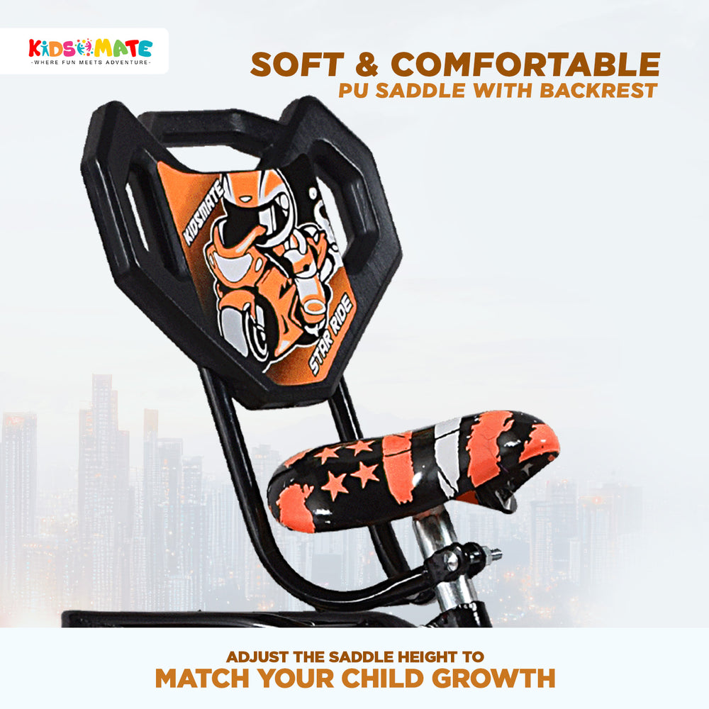 Kidsmate Star Ride kids bicycle featuring a soft PU saddle with backrest, designed for comfort. The saddle has a colorful design with a playful character, and the frame is sturdy and adjustable.