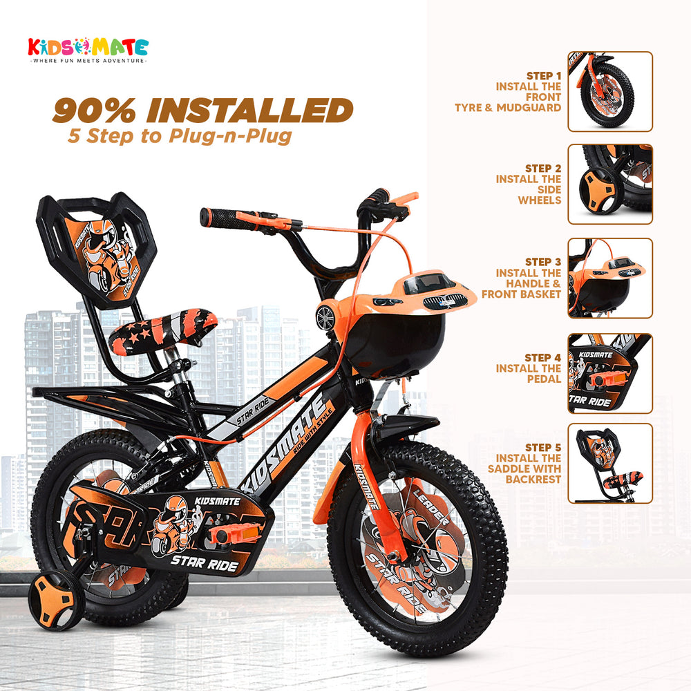 A vibrant kids bicycle featuring a black and orange design with fun graphics. It has training wheels, a comfortable seat, and a front basket. The Kidsmate logo is visible on the frame.